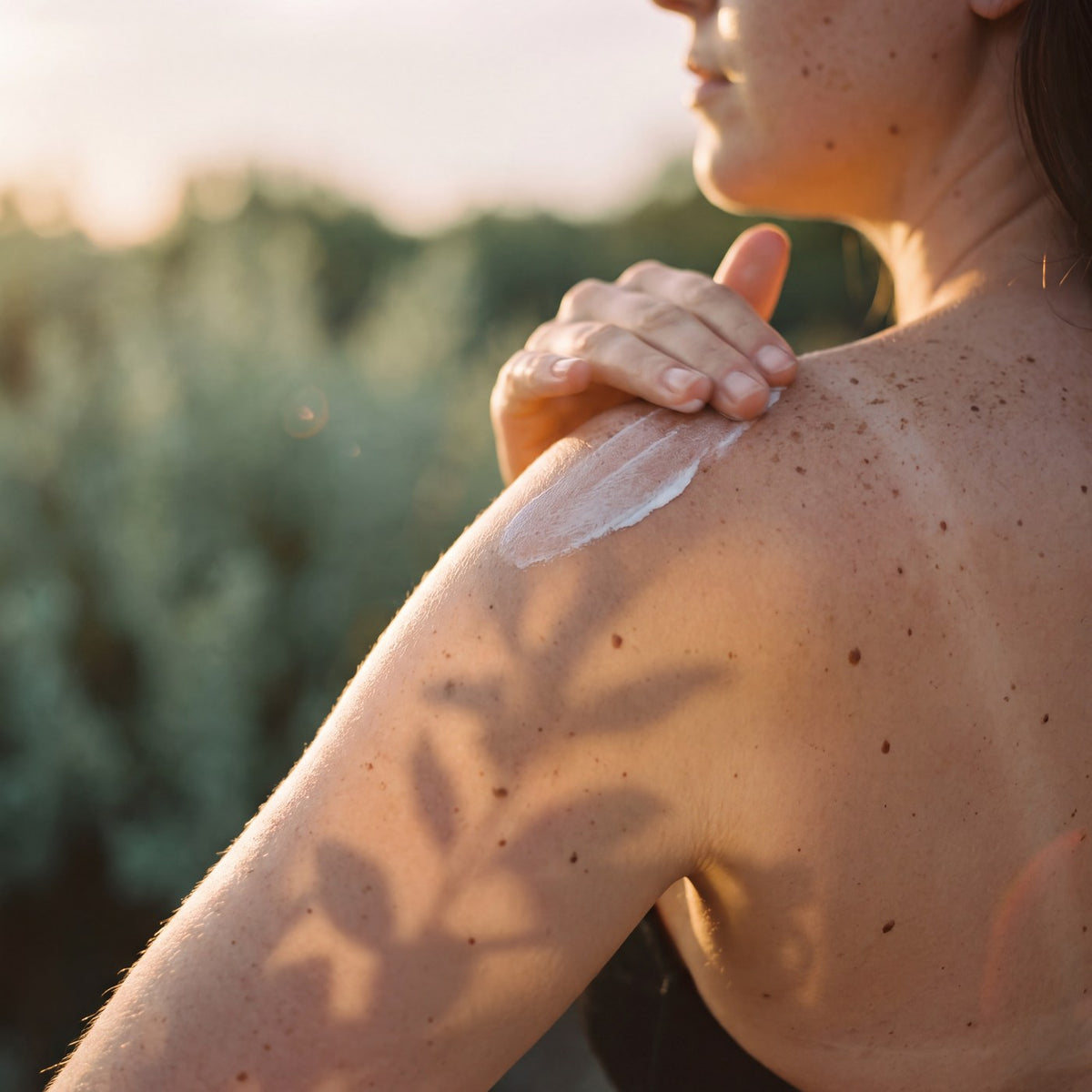 Mujer extendiendo protector solar en el hombro al atardecer